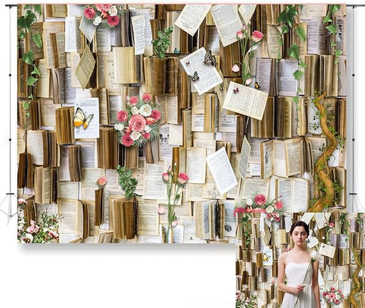 7x5FT Vintage Bookshelf Background Flower Garlend Book Pages Wedding Decorations Backdrop Adults Baby Shower Graduation Party Photo Studio Background Props KUBDJ943