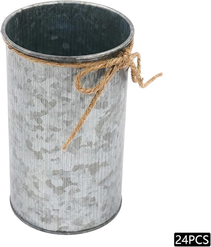 6inch High Farmhouse Vase Decor,Vintage Flower Vase with Twine Bow Rustic Metal Buckets for Artificial Flowers for Table Centerpiece Weddings