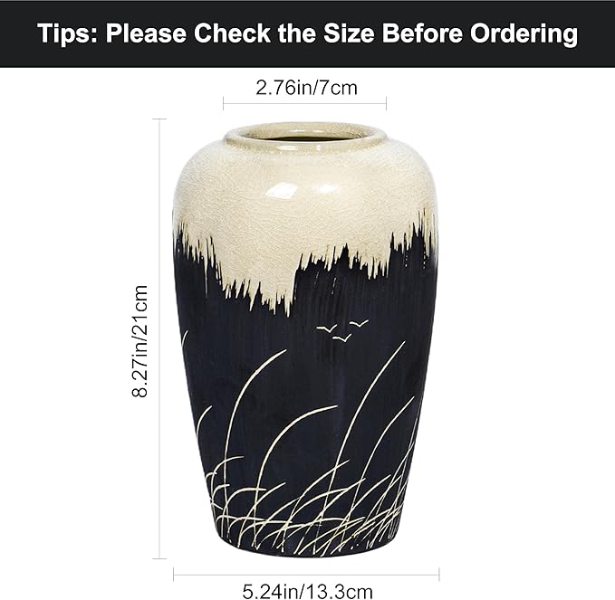 Black and White Vase, 8 Inch Modern Ceramic Vase for Pampas Grass, Farmhouse Decorative Vases for Home Decor, Centerpiece for Kitchen Table, Living Room Shelf Decor