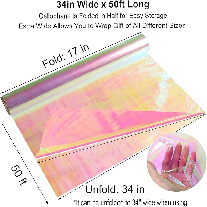 SYOGUA Iridescent Cellophane Wrap Roll, 34 in X 50 Ft, Ideal for Gift Baskets, Fairy Wings, DIY Crafts, Birthday & Christmas Gifts Wrapping