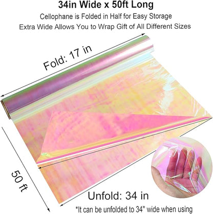 SYOGUA Iridescent Cellophane Wrap Roll, 34 in X 50 Ft, Ideal for Gift Baskets, Fairy Wings, DIY Crafts, Birthday & Christmas Gifts Wrapping