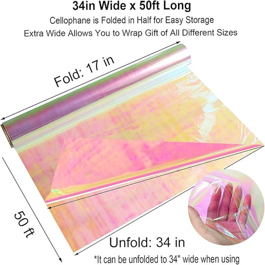 SYOGUA Iridescent Cellophane Wrap Roll, 34 in X 50 Ft, Ideal for Gift Baskets, Fairy Wings, DIY Crafts, Birthday & Christmas Gifts Wrapping