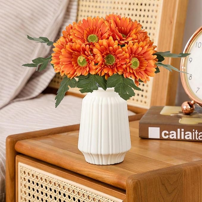 IPOPU 2 Bundles Fall Artificial Gerbera Daisy Flowers 14 Heads Orange Fake Daisy with Stems Faux Silk Daisy Flowers for Wedding Bridal Bouquet Party Floral Arrangements Home Decoration (Orange)