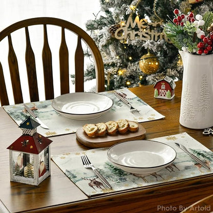 Artoid Mode Watercolor Deer Trees Snowflakes Christmas Placemats Set of 12, 12x18 Inch Seasonal Winter Table Mats for Party Kitchen Dining Decoration