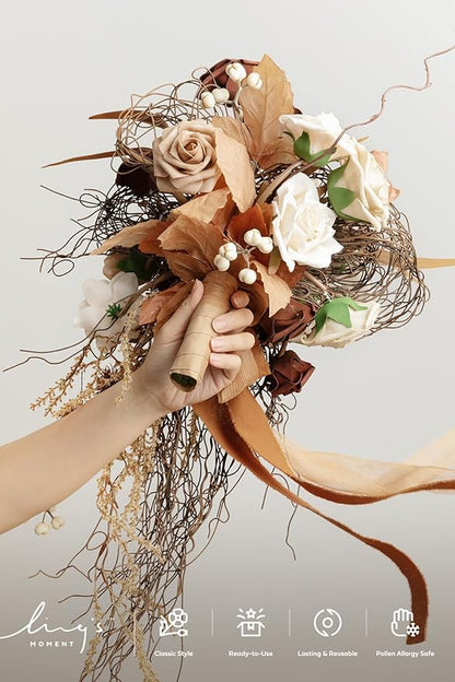 Ling's moment Beige Bridal Bouquet Cascading, Brown Wedding Bouquets for Bride, 13 Inch Bride Bouquets for Wedding Artificial Flowers Bouquets