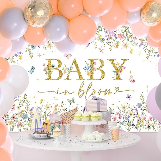 Avezano Baby in Bloom Backdrop Wildflower Baby Shower Party Decorations Watercolor Floral Baby in Bloom Banner Gold Glitter Butterfly Photography Background Cake Table Banner 70.8 x 43.3 Inch