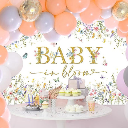 Avezano Baby in Bloom Backdrop Wildflower Baby Shower Party Decorations Watercolor Floral Baby in Bloom Banner Gold Glitter Butterfly Photography Background Cake Table Banner 70.8 x 43.3 Inch