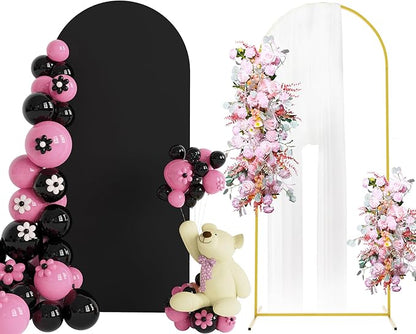 Putros 6ft Metal Arch Stand with Cover Black Spandex Fitted Wedding Arch Cover and Round Top Chiara Backdrop Stand Set for Birthday Party Baby Shower Decoration