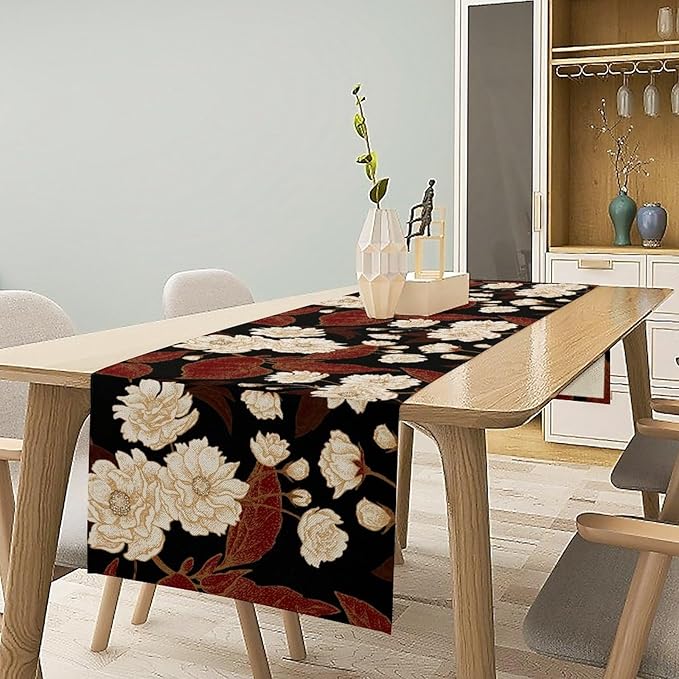 Red Gold Floral Table Runner, Boho Dark Flower Leaves Chinese Plum Blossoms Botanical Vintage White Gold Art Print Table Runner for Spring Holiday Decor, 13x60inch