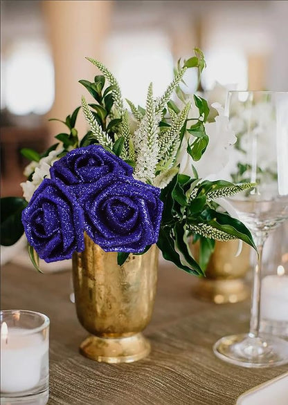 Glitter Foam Roses 30 PCS Royal Blue Roses Artificial Flowers Foam Flowers Glitter Roses with Stem Artificial Flowers for DIY Wedding Bridal Bouquet Party Centerpieces Decor(Royal Blue)