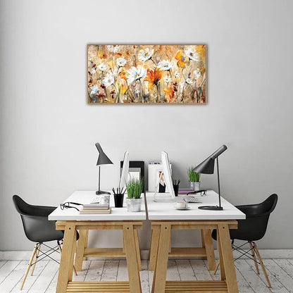 Framed Abstract Floral Wall Art for Living Room Decor Flowers Canvas Wall Pictures White Red Orange Yellow Brown Modern Daisy Artwork Canvas Prints Bedroom Kitchen Office Home Wall Decor 20"x 40"