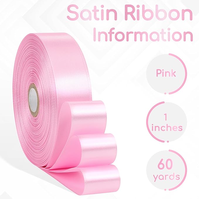 Pink Satin Ribbon 1 Inch, 60 Yards Pink Ribbon for Hair, Flower Bouquet, Gift Wrapping, Crafts, Graduation Wreaths, Invitation Cards, Baby Shower