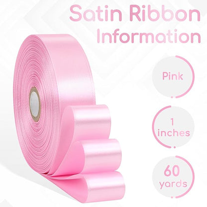 Pink Satin Ribbon 1 Inch, 60 Yards Pink Ribbon for Hair, Flower Bouquet, Gift Wrapping, Crafts, Graduation Wreaths, Invitation Cards, Baby Shower