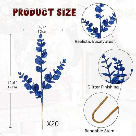 Hollyone 20 Pcs Glitter Christmas Tree Picks and Sprays Artificial Eucalyptus Branches 13" Blue Eucalyptus Leaves Picks Stems for Christmas Tree DIY Garland Wreath Crafts Home Decoration