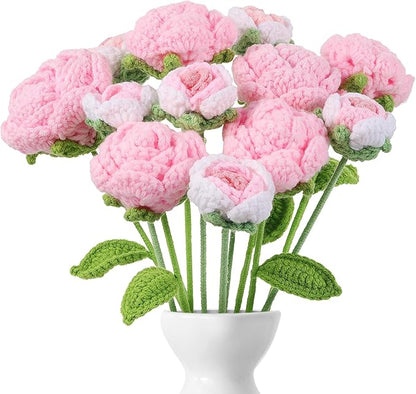 YoungJoy 12 Pcs Crochet Rose Handmade Knitted Flowers Tulip Sunflower Daisy Heart Artificial Knitted Floral Mother Day Graduation Home Decor(Mixed Pink)