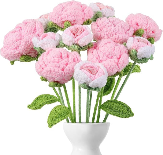 YoungJoy 12 Pcs Crochet Rose Handmade Knitted Flowers Tulip Sunflower Daisy Heart Artificial Knitted Floral Mother Day Graduation Home Decor(Mixed Pink)