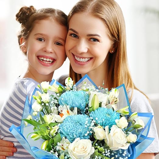 20 Sheets Blue Flower Wrapping Paper, Waterproof Floral Wrap Blue Edge Bouquet Wrapping Paper Florist Supplies (22.8 x 22.8 inch)