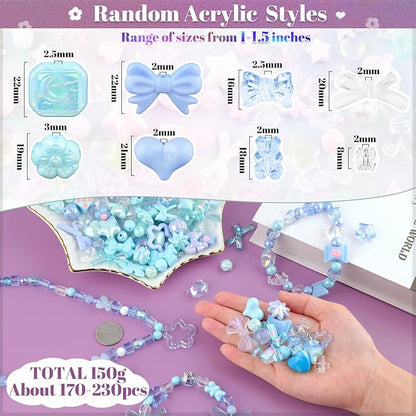 Assorted 200-260PCS Blue Acrylic Beads for Bracelet Making, Flower Bow Candy GummyBear Bracelet Charms,Cute Beads for Jewelry Making DIY Necklace Keychain Phone Charm Christmas Gift
