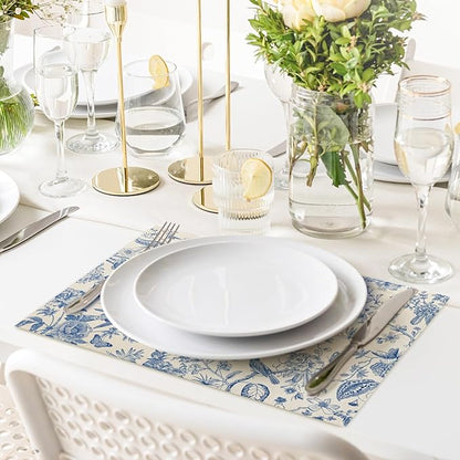 6Pcs Blue White Floral Placemats Flower Birds Branches Table Place Mats 12 x 18 in Vintage Non-Slip Heat Resistant Kitchen Dinner Mat for Home Dining Table Decoration