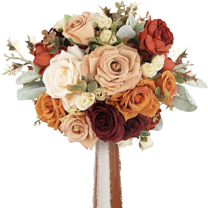 Rinlong 9" Wide Burnt Orange Wedding Bouquet for Bride Rustic Terracotta Artificial Flowers Bridal Bridesmaid Bouquet Prom