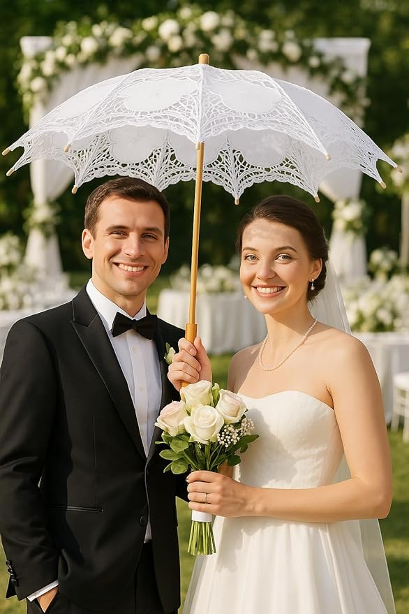 Lace Parasol Umbrella 32 Inch – Victorian Style Bridal Wedding Sunshade for Women, Lace Umbrella for Photoshoot, Tea Party, Costume, Outdoor Decoration