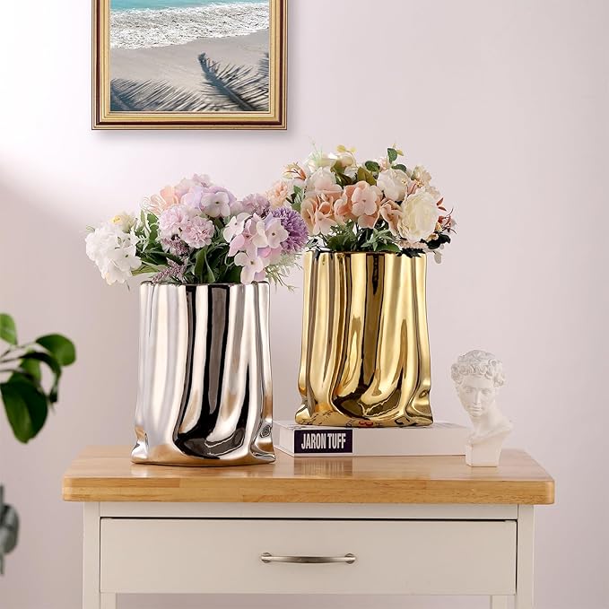 VanEnjoy Large Silver Vase - Wide Mouth, Ceramic Silver Vases for Home Decor