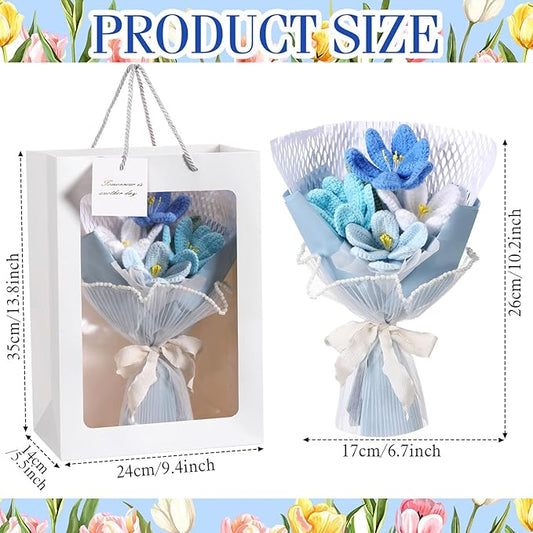 Crochet Flowers Bouquet Gift Christmas Crochet Flower Tulips Completed Handmade Knitted Bouquet with Card for Women Girlfriend Lover Appreciation Gift Birthday Wedding Teacher Decor(Blue)