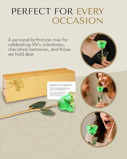 Forever Rose Hand-Dipped in 24K Gold, Peridot-Inspired August Birthstone with Sparkles, Real Rose in Luxury Gold Gift Box – Perfect Ready to Gift for August Birthday or Any Occasion