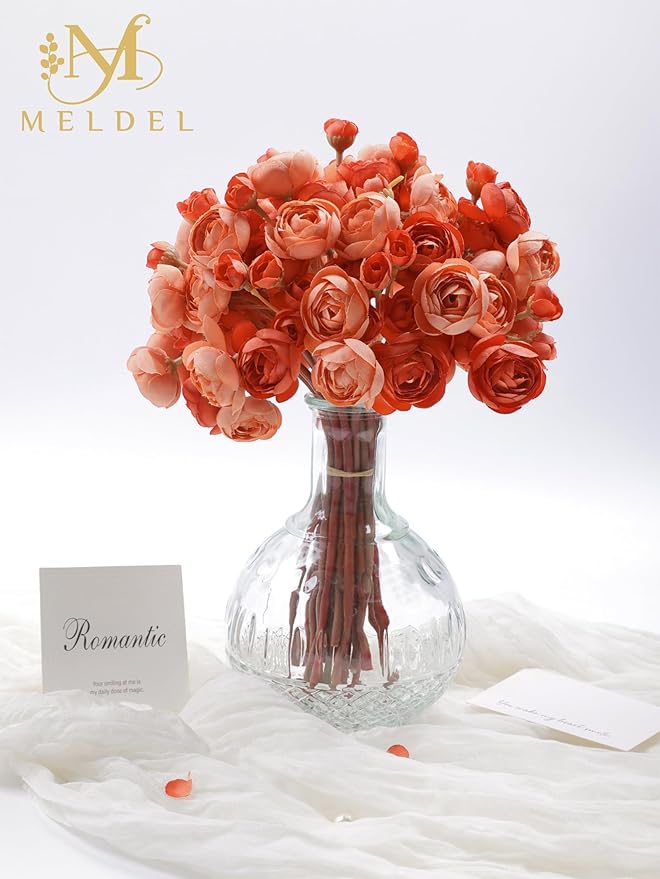 Meldel 32Pcs Ranunculus Artificial Flower, Burnt Orange Faux Ranunculus Flowers for DIY Bouquet, Rose Bulk Fake Peony Wedding Filler Flowers for Centerpieces Arrangements Bridal Shower Decorations