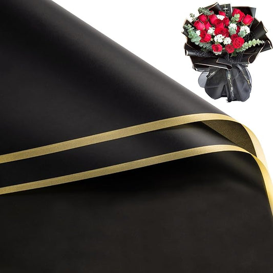 WRAPAHOLIC 20 Sheets Flower Wrapping Paper - 22.4 x 22.4 inch Gold Trim Black Water-Resistant Floral Bouquet Wrapping Paper, Florist Supplies Packaging Paper for Wedding Birthday Gift DIY