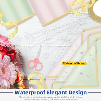 Glarks 52pcs Flower Wrapping Paper Set, Including 40 Sheets Pink and Blue Waterproof Bouquet Wrapping Paper, 10pcs Floral Pick Card Holders, 1 Roll Ribbon and 1pcs Pink Scissors for Flower Shop