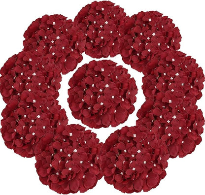 Flojery Silk Hydrangea Heads Artificial Flowers Heads with Stems for Home Wedding Decor,Pack of 10 (Burgundy)