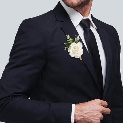 Ivory Rose Boutonniere for Men Wedding Set of 10 Groom Groomsmen Best Man Artificial Flowers Boutonniere for Wedding Ceremony Anniversary Prom Flowers Formal Dinner Party (10, White, Middle)
