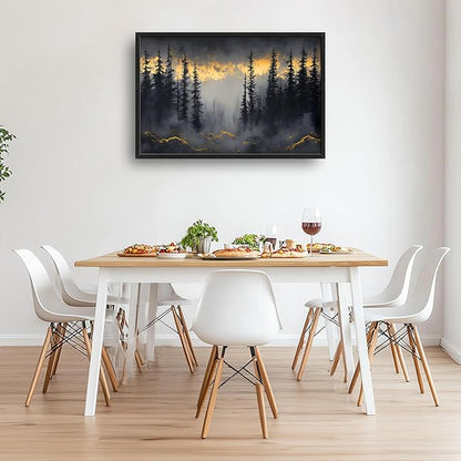 Misty Forests Large Decor Framed Wall Art Gold and Black Pictures for Living Room, Foggy Forest Landscape Oversized Canvas Print Painting Modern Extra Large Framed Artwork for Bedroom Office 36"x24"