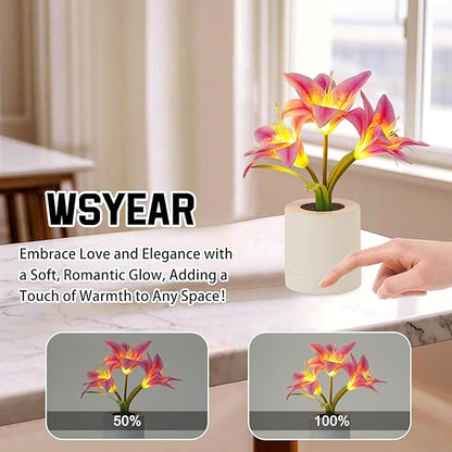 WSYEAR Pink Morning Glory Flowers Table Lamp, Charging Dimmable Cordless Artificial Flower Night Light, Bedroom Office Decor Night Light, Christmas Birthday Gifts for Women Mom
