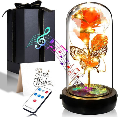 Birthday Rose Flower Gifts for Women, Glass Flower Gift for Mom from Daughter Son, Colorful Orange Light Up Rose in Glass Dome with Music Box for Her Wife Grandma