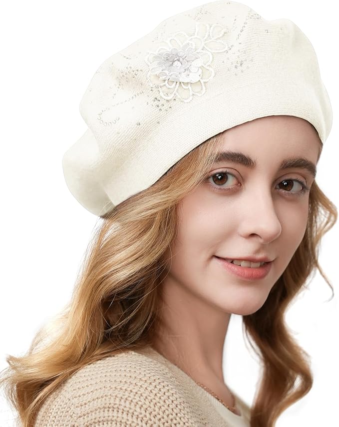 Flower Embroidery Beret Hat for Women, French Style Knitted Beret Hats, Stylish Solid Color Beret Cap for Women Girls Lady