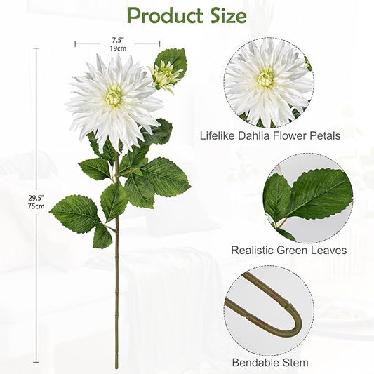 3Pcs White Artificial Dahlia Flowers 29.5" Fake Flower Silk Flowers with Long Stem Floral Arrangements Bouquets Faux Dahlias Flowers for DIY Wedding Party Centerpieces Decor Home Office Decoration