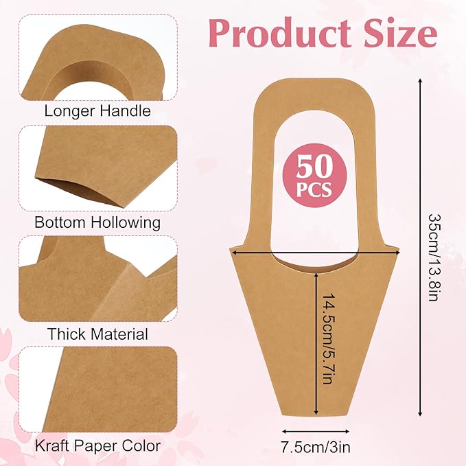 PercyEffie 50Pcs flower bags for bouquets Paper flower bags with Handles bouquet wrapping paper Bulk Brown stand accessories flowers bar supplies bouquets holder for Wedding Flowers Shop Home Decora