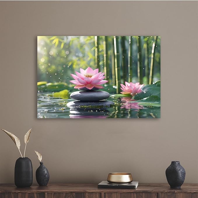 Ethereal pink lotus on obsidian Sunlit bamboo forest with sparkling water drops Poetic nature inspired wall art for tranquil homes and mindful spaces 20x30in Wood Framed