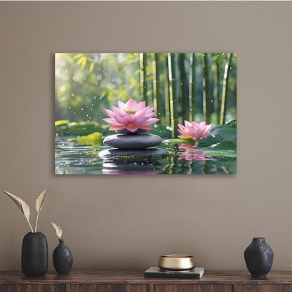 Ethereal pink lotus on obsidian Sunlit bamboo forest with sparkling water drops Poetic nature inspired wall art for tranquil homes and mindful spaces 20x30in Wood Framed