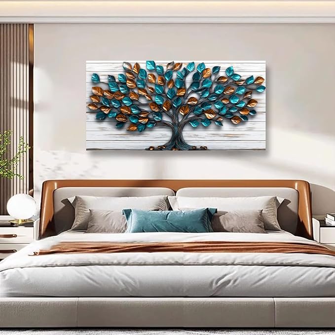 Tree Nature Wall Art Bedroom Abstract Wall Decor Living Room,Tree of Life Canvas Wall Art Office Farmhouse Paintings Artwork Modern Teal Golden Leaves Wall Art Prints Pictures 20 * 40inch