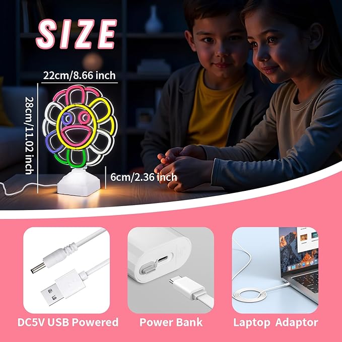 Sunflower Neon Lights with Holder Base, Colorful Smile Flower Lamp, Cute Night Light, Table Lamps for Home/Coffee Bar/Birthday/Party/Office/Wedding Decor/Kid's Gifts
