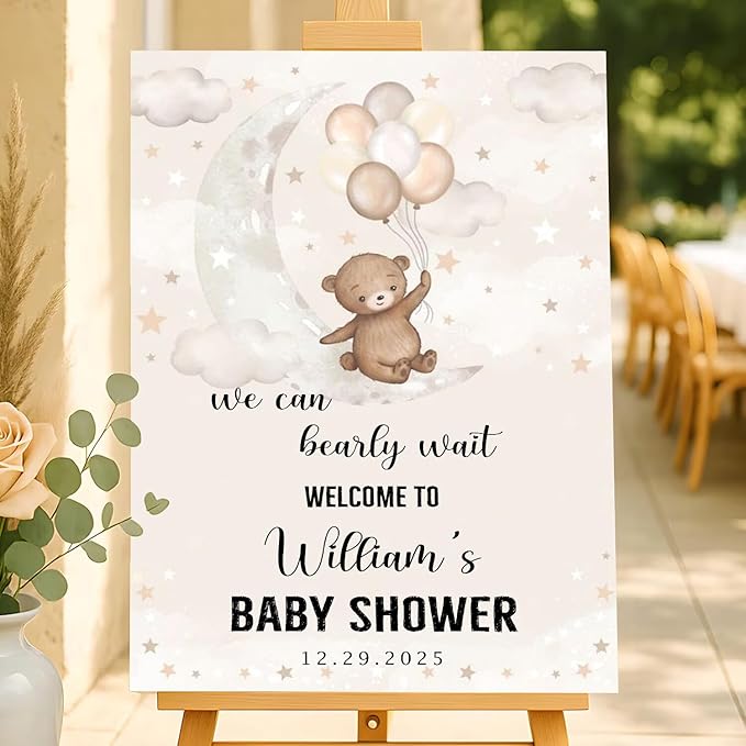 Personalized Baby Shower Welcome Sign Outdoor, We Can Bearly Wait Welcome Sign, Baby Shower Decorations For Boy Girl Cloud Balloon Theme, 1st Birthday Party Sign