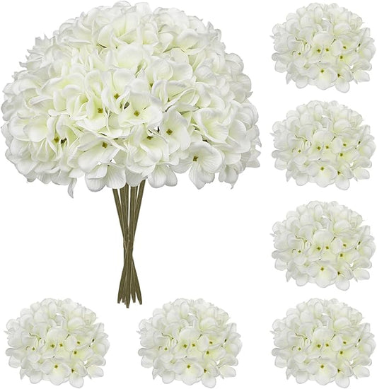 Hollyone 6 Pcs White Hydrangea Artificial Flowers with Stems Silk Faux Hydrangea White Fake Flowers for Home Indoor Outdoor DIY Floral Wedding Flower Bouquets Kitchen Table Centerpiece Decor