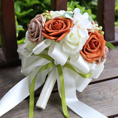 Lightweight Bridal Wedding Bouquet Round Holding Bouquet Throw Toss Artificial Rose Flower Bunch for Bride Bridesmaid Wedding Quinceanera (Cream, Coral & Rosy Brown, 9.1")