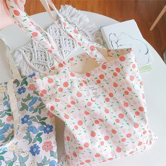 Cotton Canvas Tote Bag Reusable Soft Grocery Cloth Bag Floral Shoulder Bag for Beach Travel Shopping