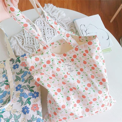Cotton Canvas Tote Bag Reusable Soft Grocery Cloth Bag Floral Shoulder Bag for Beach Travel Shopping