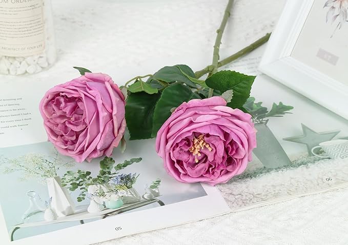 IPOPU 5PCS Purple Roses Artificial Flowers Real Touch Latex Artificial Roses Fake Peony Stems for Wedding Bouquet Party Home Decor (Purple)