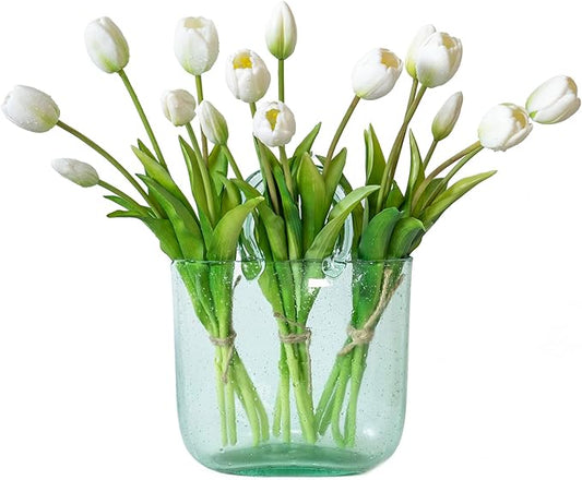 15pcs Artificial Tulips Flowers, Real Touch Latex Bouquet, Fake Tulips for Office Wedding Party Home Kitchen Garden Decoration-B White